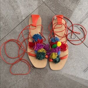 Zara Colorful Pom Pom Sandals with Orange Leather Laces